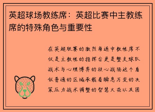 英超球场教练席：英超比赛中主教练席的特殊角色与重要性